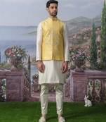 Yellow embroidered chanderi silk nehru jacket set