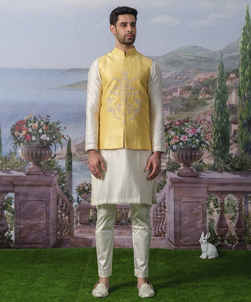 Yellow embroidered chanderi silk nehru jacket set