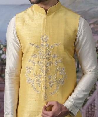 Yellow embroidered chanderi silk nehru jacket set 2