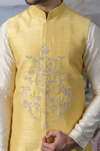 Yellow embroidered chanderi silk nehru jacket set