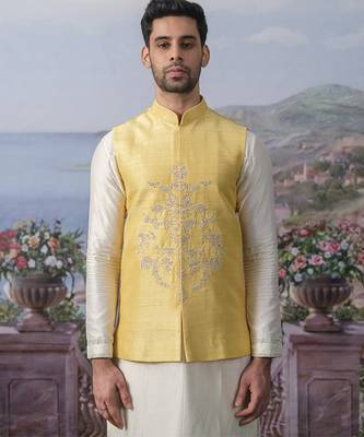 Yellow embroidered chanderi silk nehru jacket set 3
