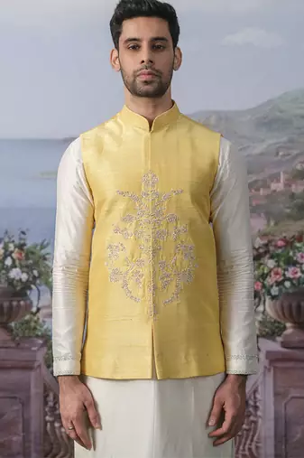 Yellow embroidered chanderi silk nehru jacket set
