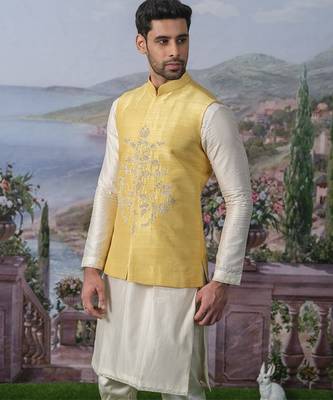 Yellow embroidered chanderi silk nehru jacket set 4