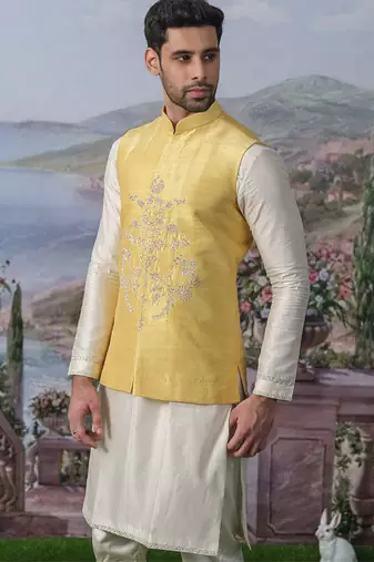 Yellow embroidered chanderi silk nehru jacket set