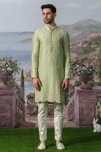 Green embroidered chanderi silk kurta pajama