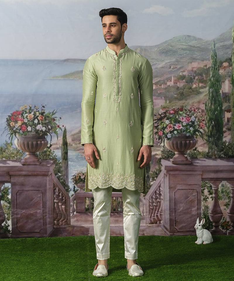 Green embroidered chanderi silk kurta pajama