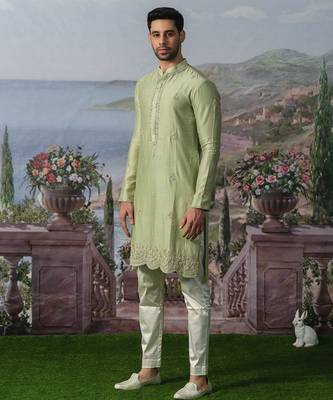 Green embroidered chanderi silk kurta pajama 2