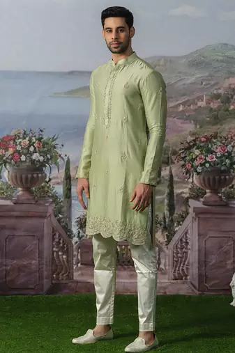 Green embroidered chanderi silk kurta pajama