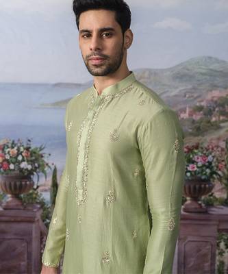 Green embroidered chanderi silk kurta pajama 3
