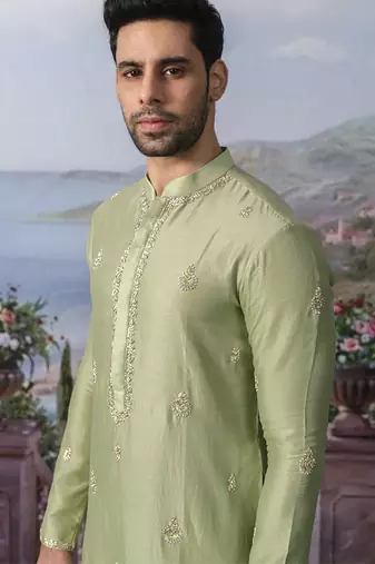 Green embroidered chanderi silk kurta pajama