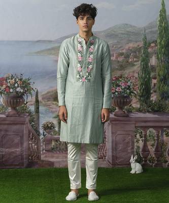 Green embroidered chanderi silk kurta pajama 1