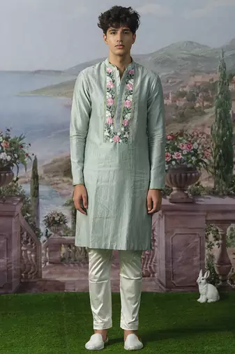 Green embroidered chanderi silk kurta pajama