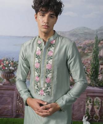Green embroidered chanderi silk kurta pajama 2
