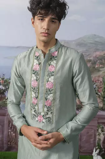 Green embroidered chanderi silk kurta pajama