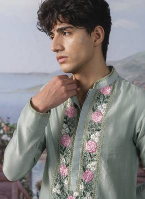 Green embroidered chanderi silk kurta pajama 3