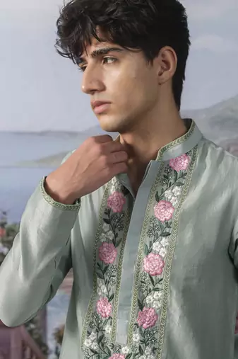 Green embroidered chanderi silk kurta pajama