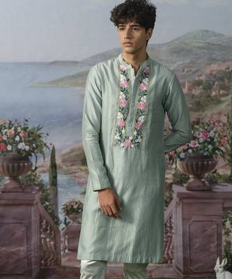 Green embroidered chanderi silk kurta pajama 4