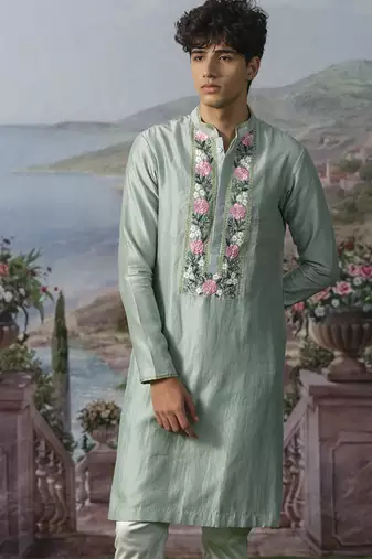 Green embroidered chanderi silk kurta pajama