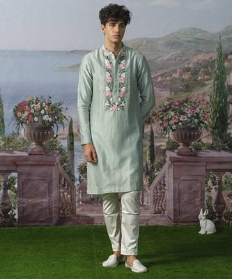 Green embroidered chanderi silk kurta pajama 5