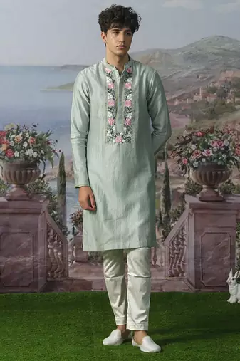 Green embroidered chanderi silk kurta pajama