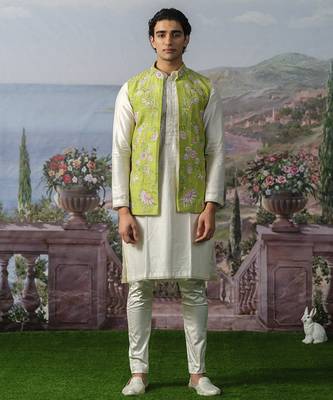 Green embroidered chanderi silk Nehru jacket paired with kurta pajama 1