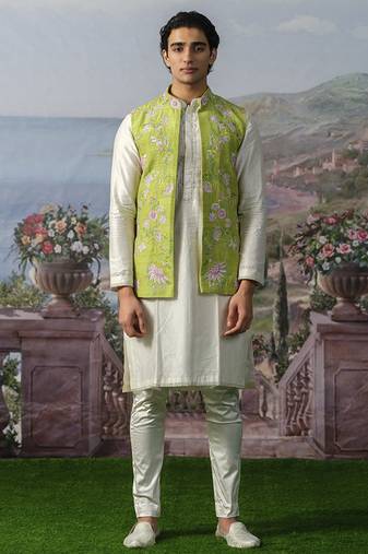 Green embroidered chanderi silk Nehru jacket paired with kurta pajama