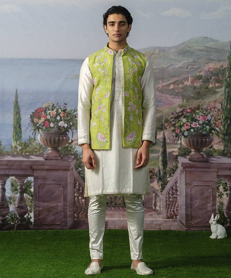 Green embroidered chanderi silk Nehru jacket paired with kurta pajama