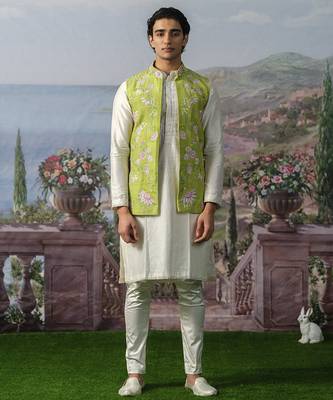 Green embroidered chanderi silk Nehru jacket paired with kurta pajama 2