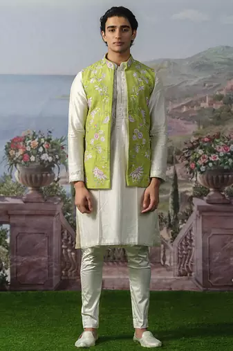 Green embroidered chanderi silk Nehru jacket paired with kurta pajama
