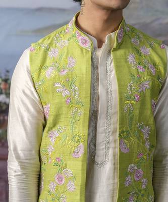 Green embroidered chanderi silk Nehru jacket paired with kurta pajama 3