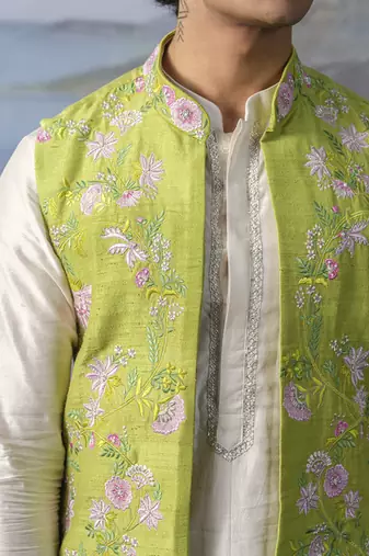 Green embroidered chanderi silk Nehru jacket paired with kurta pajama