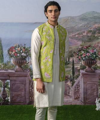 Green embroidered chanderi silk Nehru jacket paired with kurta pajama 4