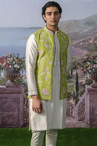 Green embroidered chanderi silk Nehru jacket paired with kurta pajama