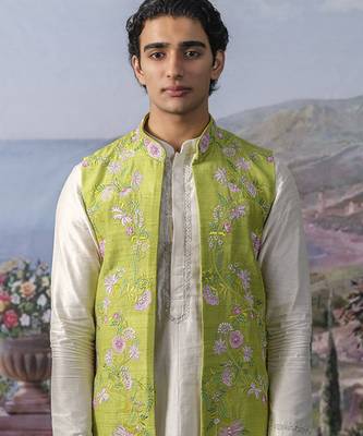 Green embroidered chanderi silk Nehru jacket paired with kurta pajama 5