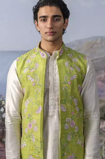 Green embroidered chanderi silk Nehru jacket paired with kurta pajama