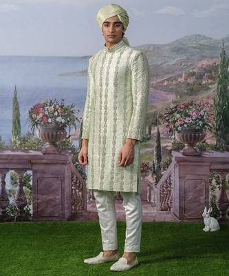 Green embroidered chanderi silk sherwani 1