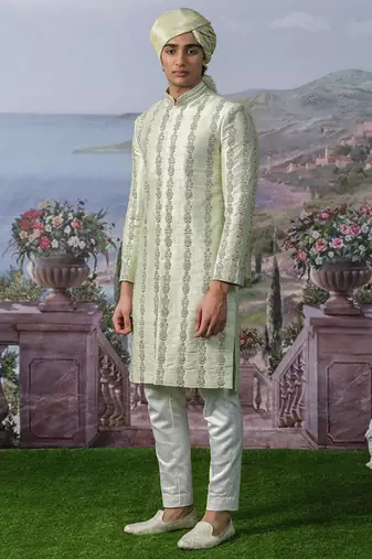 Green embroidered chanderi silk sherwani
