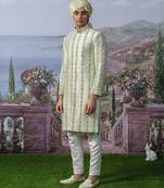 Green embroidered chanderi silk sherwani
