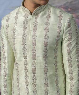 Green embroidered chanderi silk sherwani 2