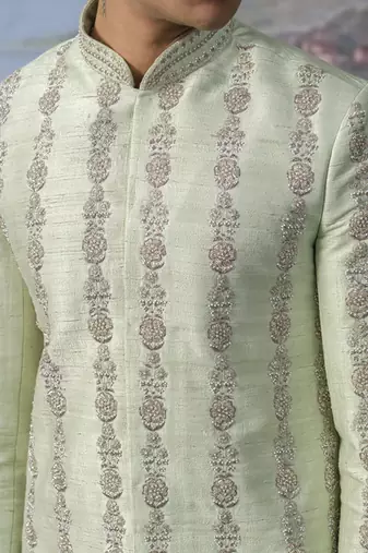 Green embroidered chanderi silk sherwani