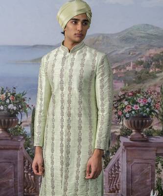 Green embroidered chanderi silk sherwani 3