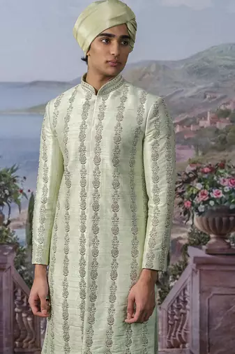 Green embroidered chanderi silk sherwani