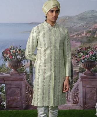Green embroidered chanderi silk sherwani 4