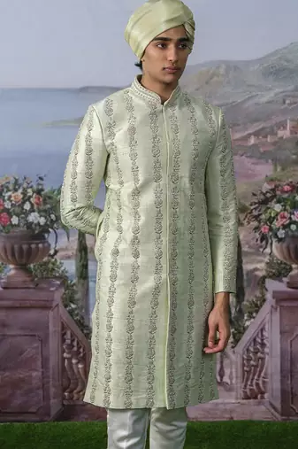 Green embroidered chanderi silk sherwani