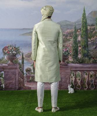Green embroidered chanderi silk sherwani 5