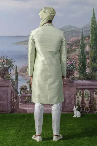 Green embroidered chanderi silk sherwani