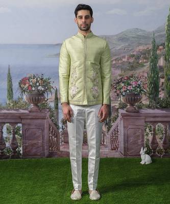 Green embroidered chanderi silk Bandhgala set 1