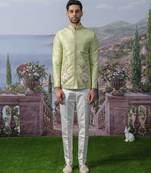 Green embroidered chanderi silk Bandhgala set