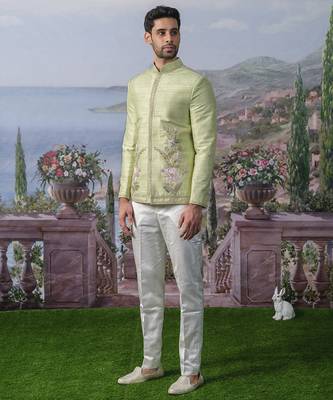 Green embroidered chanderi silk Bandhgala set 2