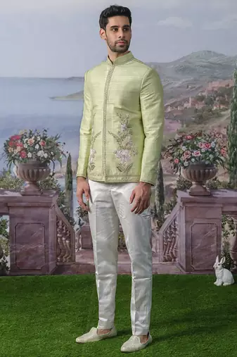 Green embroidered chanderi silk Bandhgala set